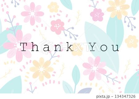 Floral Thank You card with pastel flowers and leaves background 134347326