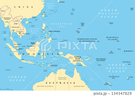 Southeast Asia, Melanesia, and Micronesia, political map. Countries south of China and east of India, with Micronesia and Melanesia, two subregions of Oceania, and northern part of Australasia. Vector Southeast Asia, Melanesia, and Micronesia, political map. Countries south of China and east of India, with Micronesia and Melanesia, two subregions of Oceania, and northern part of Australasia. Vector 134347829