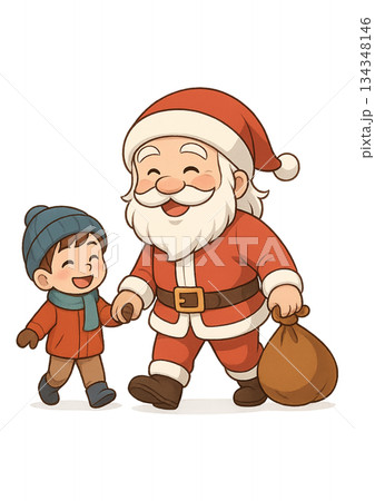 子供と手を繋いで笑顔でプレゼントを配る様子のサンタクロース 134348146