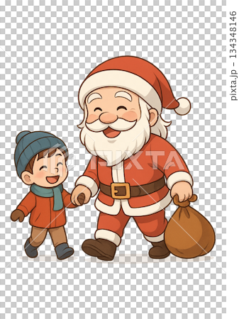子供と手を繋いで笑顔でプレゼントを配る様子のサンタクロース 134348146