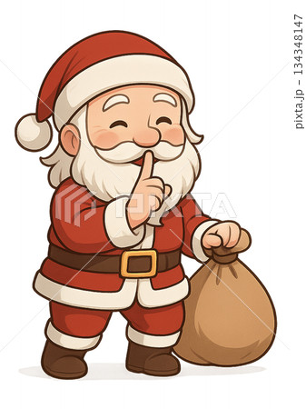 プレゼントを持って指を口の前に立てて内緒ポーズをしているサンタクロース 134348147