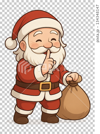 プレゼントを持って指を口の前に立てて内緒ポーズをしているサンタクロース 134348147