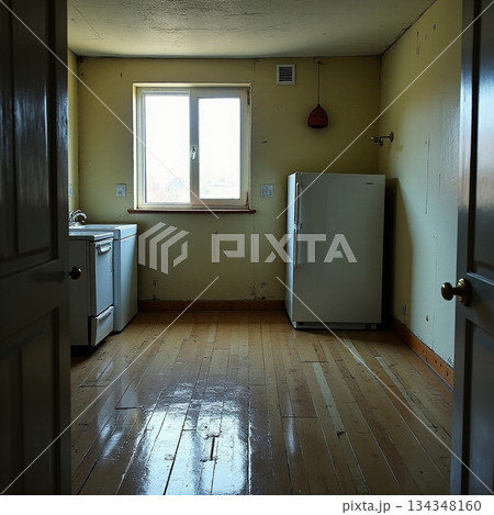AI generated Empty small apartment kitchen with refrigerator and stove 134348160