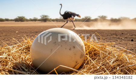 A small ostrich chick breaks through the shell of its egg while an adult ostrich moves in the background at a nesting site. The scene is lively and marks the start of new life. A small ostrich chick breaks through the shell of its egg while an adult ostrich moves in the background at a nesting site. The scene is lively and marks the start of new life. 134348182