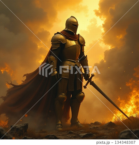 AI generated Robust armored combatant navigating through heated war zones at sunset 134348307