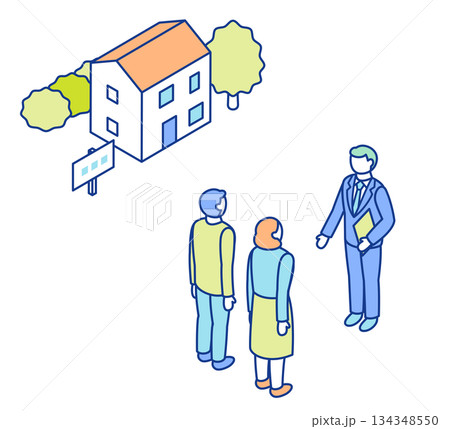 住宅購入を考えている男女と、接客する不動産仲介業者のアイソメトリックイラスト。 134348550