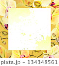 watercolor square frame with yellow and red orchid flowers, buds and twigs on deep yellow background, hand drawn tropical plant, floral sketch of blossom flowers, botanical illustration for decoration 134348561