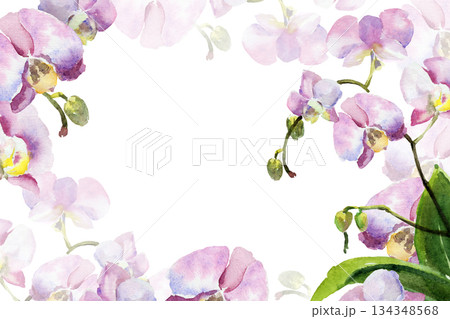 watercolor pink and purple orchid flowers, buds and green leaves, hand drawn tropical plant, floral sketch of blossom flowers, botanical illustration for wedding decoration 134348568