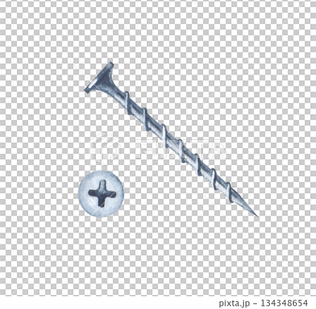 A long and sharp threaded screw, top and side view, on an isolated background. A clipart with an image of a working tool for home repairs and construction work A long and sharp threaded screw, top and side view, on an isolated background. A clipart with an image of a working tool for home repairs and construction work 134348654