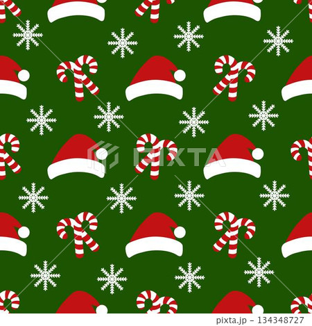 Christmas seamless pattern with santa hat, candy cane and snowflake. Christmas seamless pattern with santa hat, candy cane and snowflake. 134348727
