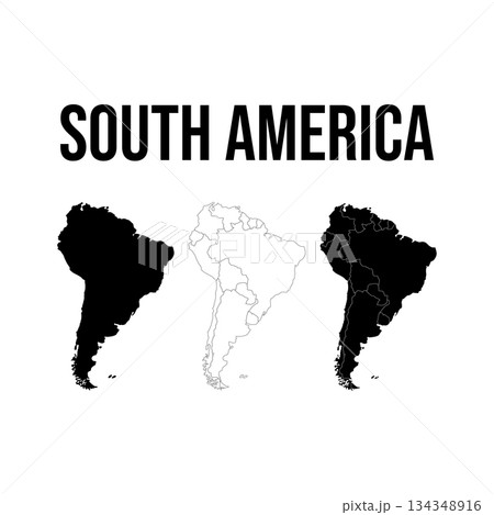 Map of South America with borders of regions in black color and outline style. Vector map on white background Map of South America with borders of regions in black color and outline style. Vector map on white background 134348916