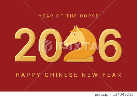 Happy 2026 year of the horse background. New year background in red and golden tones. Festive cute illustration. Horses head with mane on red background. Happy year of the horse 134349210