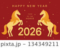 Chinese New Year 2026 illustration. Two horses on red background, symbol of the year. Lunar new year of the horse. Design for background, card, calendar, sticker 134349211