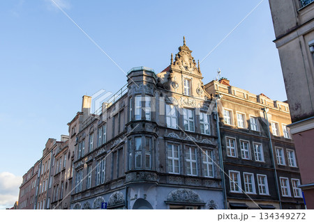 Historic building on city street in bright daylight with clear sky visible Historic building on city street in bright daylight with clear sky visible 134349272