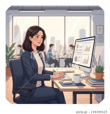 スーツ姿の若い女性がパソコンで仕事をしてるイラスト 134349323