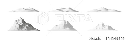 Grainy abstract mountain landscape silhouettes on white background. Abstract mountain landscape with grain texture and grain effect. 134349361