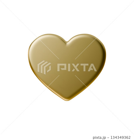3D gold heart icon isolated on white background for love and valentine concepts. Gold heart icon in glossy metal style represents love, romance, wedding, emotion, social media reactions 134349362