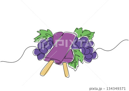 Continuous one line drawing 2 stacked grape popsicles and grapes with leaves. Enjoy the sweet and sour taste of grapes in popsicle. Grape Popsicle Day. Single line draw design vector illustration Continuous one line drawing 2 stacked grape popsicles and grapes with leaves. Enjoy the sweet and sour taste of grapes in popsicle. Grape Popsicle Day. Single line draw design vector illustration 134349371