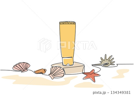Single one line drawing tube of sunscreen on small podium and arrangement of shells and starfish. Playing comfortably on the beach. National Sunscreen Day. Continuous line design graphic illustration 134349381