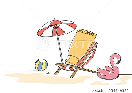 Single continuous line drawing tube sunscreen on a beach chair with an umbrella, balls and flamingo shaped floats. Play safely on the beach. National Sunscreen Day. One line design vector illustration Single continuous line drawing tube sunscreen on a beach chair with an umbrella, balls and flamingo shaped floats. Play safely on the beach. National Sunscreen Day. One line design vector illustration 134349382