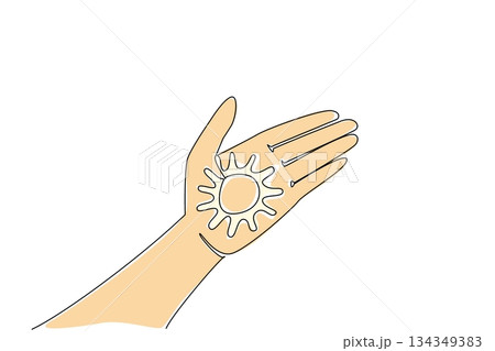 Single continuous line drawing sun shaped cream on the palm. Lotion that protects the skin. Best friends when summer comes. Care. Vacation. National Sunscreen Day. One line design vector illustration 134349383