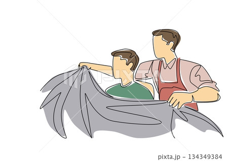 Continuous one line drawing a barber holds cloth and puts it on man sits on chair. Hair styling. Salon. National Hairstylist Mental Health Awareness Day. Single line draw design vector illustration 134349384