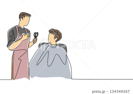 Continuous one line drawing a barber talking to a man sitting and wearing body covering. Current fashion. National Hairstylist Mental Health Awareness Day. Single line draw design vector illustration Continuous one line drawing a barber talking to a man sitting and wearing body covering. Current fashion. National Hairstylist Mental Health Awareness Day. Single line draw design vector illustration 134349387