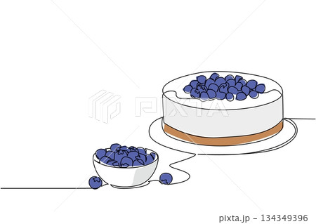 Single continuous line drawing round cheese cake with blueberry topping and small bowl filled with blueberries. Very tasty. National Blueberry Cheesecake Day. One line design vector illustration 134349396