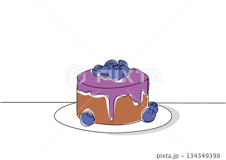 Single one line drawing round cheese cake with blueberry topping on a small plate. A dish to complete a long holiday. National Blueberry Cheesecake Day. Continuous line design graphic illustration Single one line drawing round cheese cake with blueberry topping on a small plate. A dish to complete a long holiday. National Blueberry Cheesecake Day. Continuous line design graphic illustration 134349398
