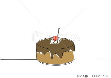 Single one line drawing round cake covered in chocolate with cherry topping. Simple topping but extraordinary taste. Tasty. National Cherry Dessert Day. Continuous line design graphic illustration 134349400