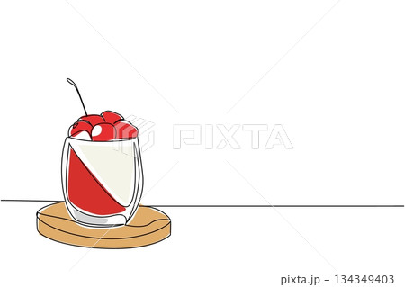Single continuous line drawing panna cotta in a clear glass with cherry topping, on a wooden cutting board. The freshness in summer. National Cherry Dessert Day. One line design vector illustration 134349403