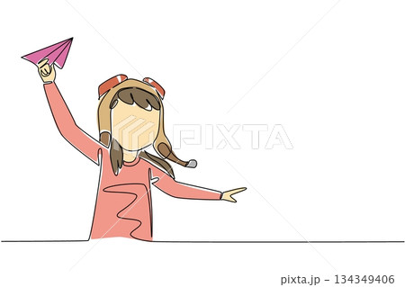 Single continuous line drawing girl wearing pilot helmet holds paper airplane. Embrace role of being first female pilot in the world. National Paper Airplane Day. One line design vector illustration Single continuous line drawing girl wearing pilot helmet holds paper airplane. Embrace role of being first female pilot in the world. National Paper Airplane Day. One line design vector illustration 134349406