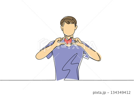 Single continuous line drawing a man in casual clothes holds a thyroid gland mockup with both hands. Shows thyroid gland during treatment. Ill. World Thyroid Day. One line design vector illustration 134349412