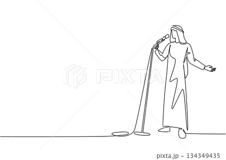 Single continuous line drawing Arabian man singing while holding a standing mic and posing. Final sound check before performing at a concert. National Sing Out Day. One line design vector illustration Single continuous line drawing Arabian man singing while holding a standing mic and posing. Final sound check before performing at a concert. National Sing Out Day. One line design vector illustration 134349435
