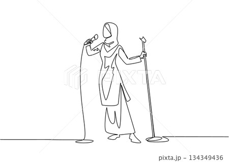 Continuous one line drawing Arabian woman in casual clothes singing while holding a standing mic and posing. Performance of a diva. National Sing Out Day. Single line draw design vector illustration 134349436