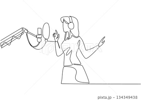 Single one line drawing a woman standing in front of standing mic using headphones is singing. The process of recording a new album. National Sing Out Day. Continuous line design graphic illustration Single one line drawing a woman standing in front of standing mic using headphones is singing. The process of recording a new album. National Sing Out Day. Continuous line design graphic illustration 134349438
