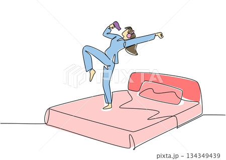 Single continuous line drawing a woman in pajamas wear headphone stands on a bed hold a hair dryer used as a mic. Evening routine before bed. National Sing Out Day. One line design vector illustration Single continuous line drawing a woman in pajamas wear headphone stands on a bed hold a hair dryer used as a mic. Evening routine before bed. National Sing Out Day. One line design vector illustration 134349439