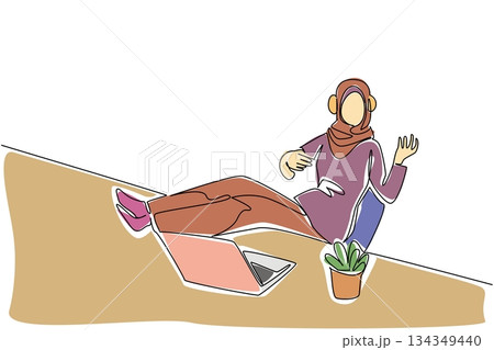 Single one line drawing Arab woman wear headphone sits on a chair with hands forms a gesture as plays guitar. Freedom of expression. National Sing Out Day. Continuous line design graphic illustration 134349440