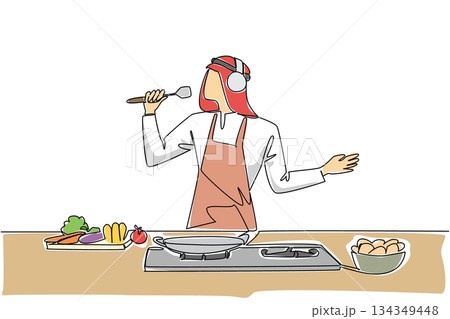 Continuous one line drawing Arab man wear apron and headphone cooking while singing hold ladle as mic. Preparing food with pleasure. National Sing Out Day. Single line draw design vector illustration Continuous one line drawing Arab man wear apron and headphone cooking while singing hold ladle as mic. Preparing food with pleasure. National Sing Out Day. Single line draw design vector illustration 134349448