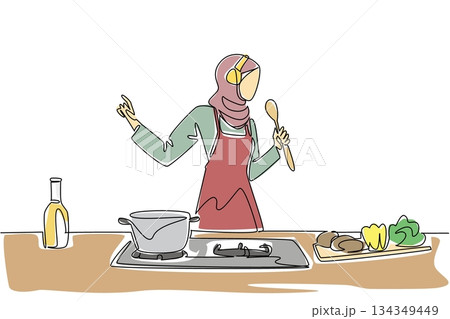 Single continuous line drawing Arab woman wear an apron and headphones cooking while singing holding a ladle. Two hobbies at one time. Chef. National Sing Out Day. One line design vector illustration 134349449