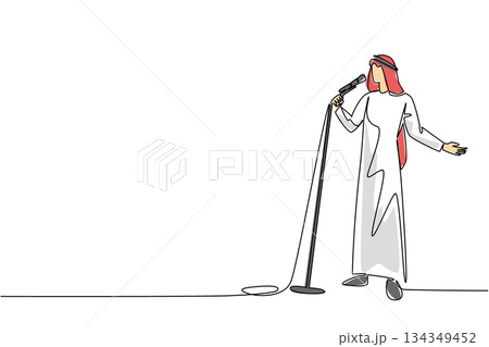 Single continuous line drawing Arabian man singing while holding a standing mic and posing. Final sound check before performing at a concert. National Sing Out Day. One line design vector illustration 134349452