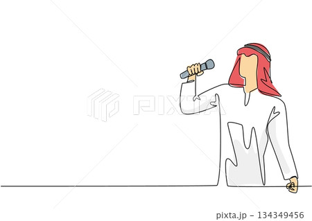 Single one line drawing a young Arabian man is singing. Hobby singing. Come to karaoke studio. Relieve the mind. Talented. Pleasant. National Sing Out Day. Continuous line design graphic illustration 134349456