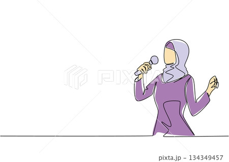 Continuous one line drawing a young and famous Arabian woman singing. Final practice to create a stunning stage act. Talented singer. National Sing Out Day. Single line draw design vector illustration Continuous one line drawing a young and famous Arabian woman singing. Final practice to create a stunning stage act. Talented singer. National Sing Out Day. Single line draw design vector illustration 134349457