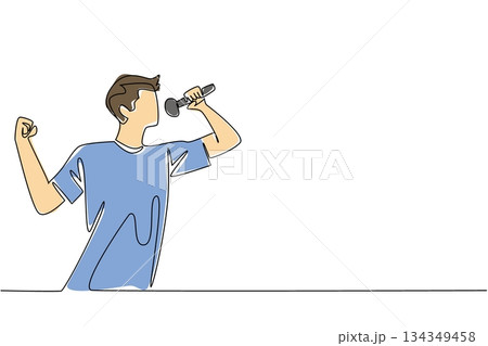 Single continuous line drawing a young man in casual clothes is singing. Practice seriously to join the talent search event. Hobby singing. National Sing Out Day. One line design vector illustration 134349458