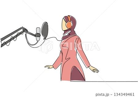 Single continuous line drawing Arab woman standing in front of mic using headphones is singing. First experience entering a recording studio. National Sing Out Day. One line design vector illustration 134349461