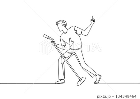 Single continuous line drawing a man in casual clothes singing while holding a standing mic and posing. The perfect appearance of rockstar. National Sing Out Day. One line design vector illustration 134349464