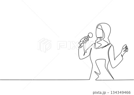 Continuous one line drawing a young and famous Arabian woman singing. Final practice to create a stunning stage act. Talented singer. National Sing Out Day. Single line draw design vector illustration 134349466