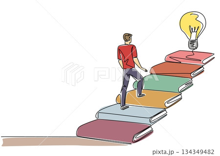 Single one line drawing a man walks on stairs made of books and a floating light bulb. Reading to find the best solution. Idea. National Creativity Day. Continuous line design graphic illustration Single one line drawing a man walks on stairs made of books and a floating light bulb. Reading to find the best solution. Idea. National Creativity Day. Continuous line design graphic illustration 134349482