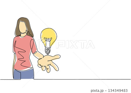 Continuous one line drawing a woman opens her palm and a light bulb floats above her palm. Offering out of the box solutions. National Creativity Day. Single line draw design vector illustration Continuous one line drawing a woman opens her palm and a light bulb floats above her palm. Offering out of the box solutions. National Creativity Day. Single line draw design vector illustration 134349483