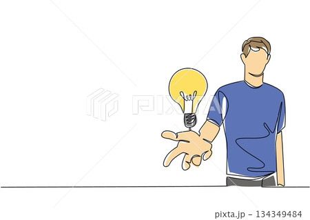 Single continuous line drawing a man opens his palm and a light bulb floats above his palm. Giving a very brilliant idea. Best solution. National Creativity Day. One line design vector illustration 134349484